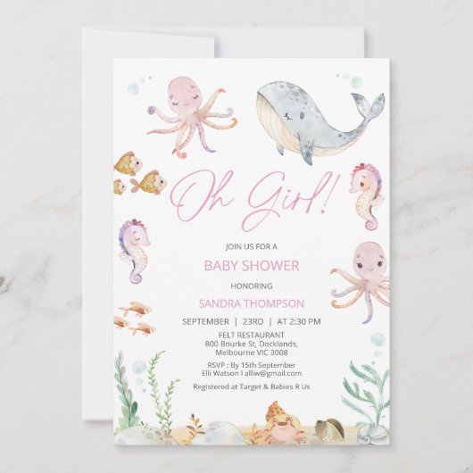 Modern Pink Oh Girl onder Zee Baby shower Kaart (Voorkant)