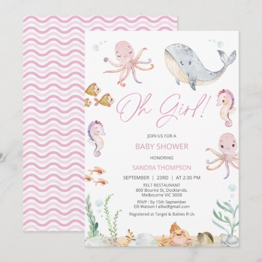Modern Pink Oh Girl onder Zee Baby shower Kaart (Voorkant / Achterkant)