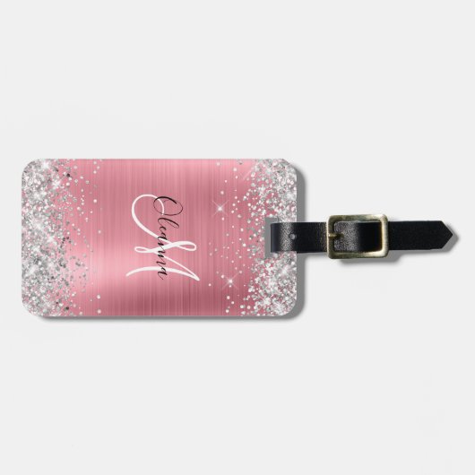 Modern Pink Ombre Folie Silver Glitter Monogram Bagagelabel (Voorkant horizontaal)