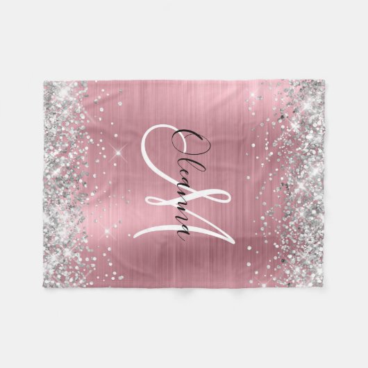 Modern Pink Ombre Folie Silver Glitter Monogram Fleece Deken (Voorkant (Horizontaal))