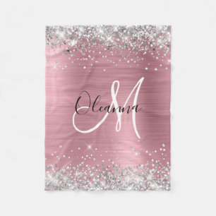 Modern Pink Ombre Folie Silver Glitter Monogram Fleece Deken