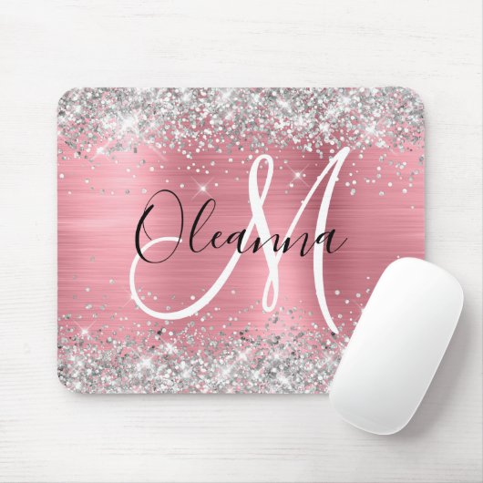 Modern Pink Ombre Folie Silver Glitter Monogram Muismat (Met muis)