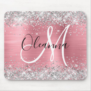 Modern Pink Ombre Folie Silver Glitter Monogram Muismat