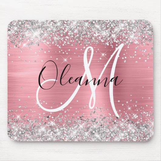 Modern Pink Ombre Folie Silver Glitter Monogram Muismat (Voorkant)