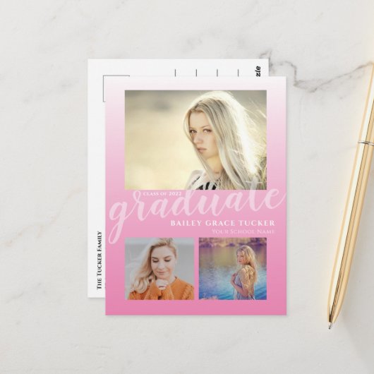 Modern Pink Ombre Girly Afstuderen Graduation Part Briefkaart (Voorkant / Achterkant in situ)