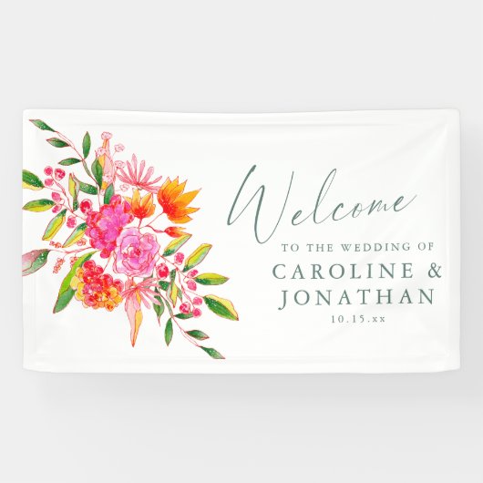 Modern Pink Orange Floral Custom Wedding Welcome Spandoek (Horizontaal)