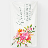 Modern Pink Orange Floral Custom Wedding Welcome Spandoek (Verticaal)