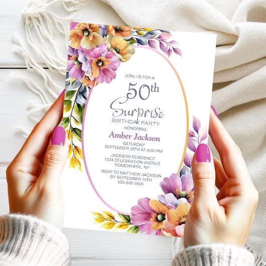 Modern Pink Orange Floral Surprise 50th Birthday Kaart