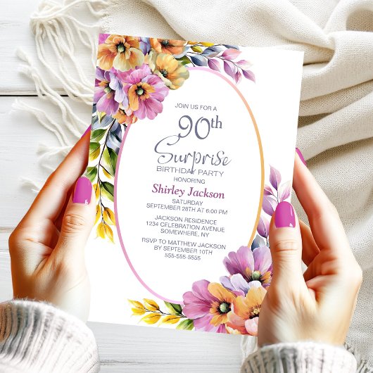 Modern Pink Orange Floral Surprise 90th Birthday Kaart