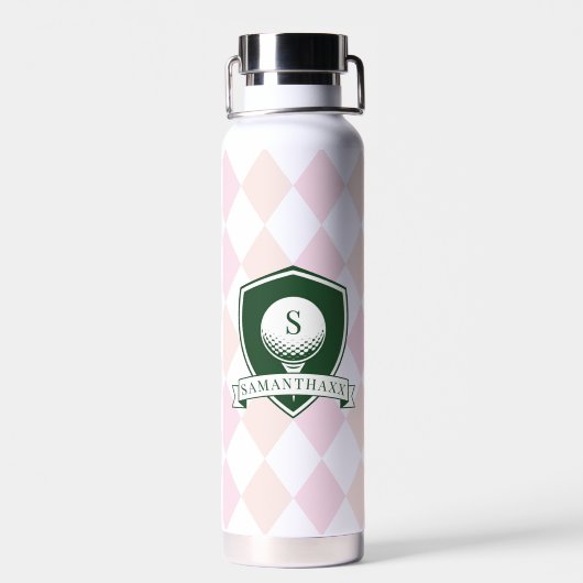 Modern Pink Pattern Green Golfer Name Monogram Waterfles (Achterkant)