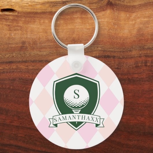 Modern Pink Pattern Name Initial Monogram Golf Sleutelhanger (Achterkant)