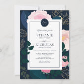 Modern Pink Peonies Gold Foil Monogram II Weddensc Kaart (Voorkant)