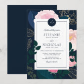 Modern Pink Peonies Gold Foil Monogram II Weddensc Kaart (Voorkant / Achterkant)