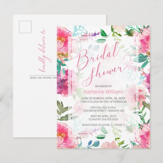 Modern Pink Peony Waterverf Floral Vrijgezellenfee Uitnodiging Briefkaart (Voorkant / Achterkant)