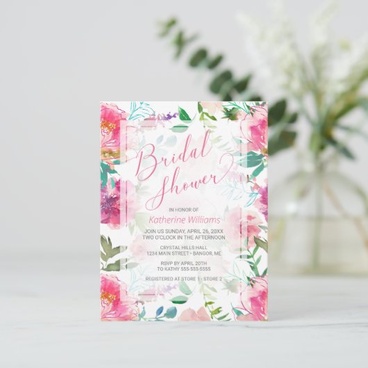 Modern Pink Peony Waterverf Floral Vrijgezellenfee Uitnodiging Briefkaart (Staand voorkant)