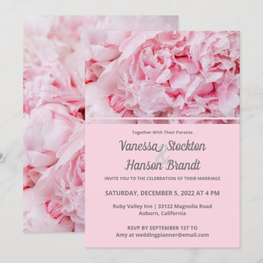 Modern Pink Peony Wedding Invitation Kaart (Voorkant / Achterkant)