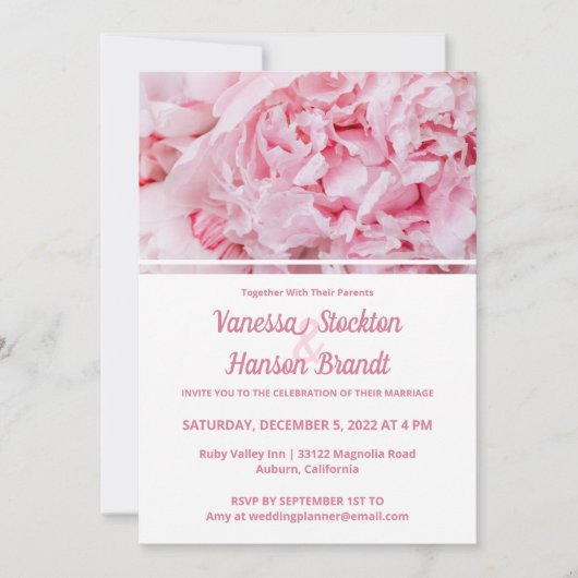 Modern Pink Peony Wedding Invitation Kaart (Voorkant)