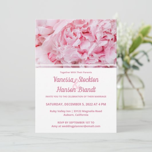 Modern Pink Peony Wedding Invitation Kaart (Staand voorkant)