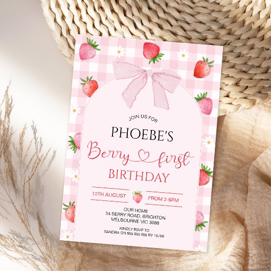 Modern Pink Plaid Arch Berry First Birthday Kaart