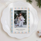 Modern Pink Plaid Check Christmas Photo Card Feestdagenkaart
