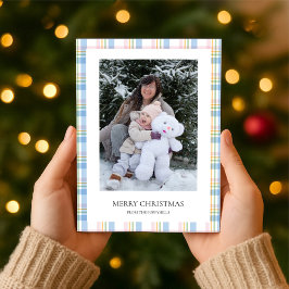 Modern Pink Plaid Check Christmas Photo Card Feestdagenkaart