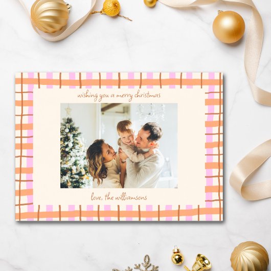 Modern Pink Plaid Christmas Photo Cute Colorful Feestdagenkaart