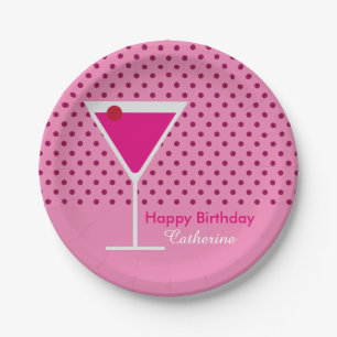 Modern Pink Polka Dot Martini Custom Birthday Papieren Bordje
