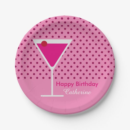 Modern Pink Polka Dot Martini Custom Birthday Papieren Bordje (Voorkant)