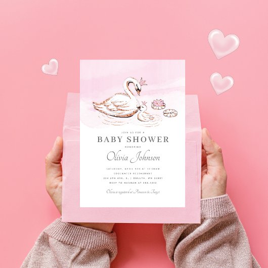 Modern Pink Princess Swan Baby shower Uitnodiging