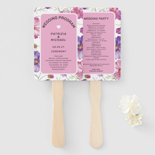 Modern Pink Purple Floral Wedding  Program Handwaaier (Voorkant en achterkant)