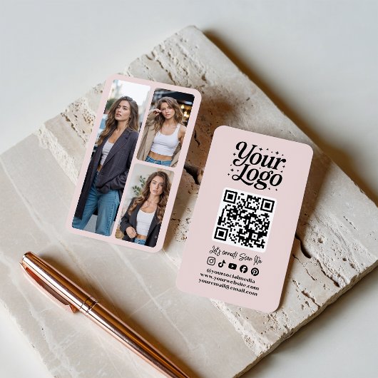 Modern Pink QR Code Social Media Icons Logo Photo Visitekaartje
