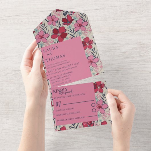 Modern Pink & Red Floral Wedding All In One Uitnodiging (Afscheurbaar)