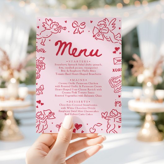 Modern Pink Red Hearts Hand Drawn Valentine Menu