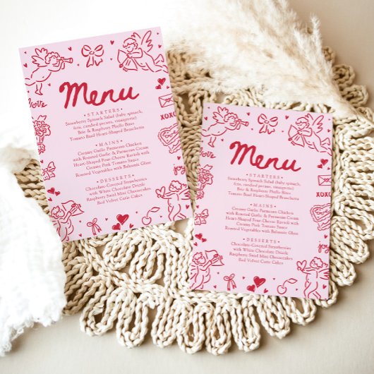 Modern Pink Red Hearts Hand Drawn Valentine Menu