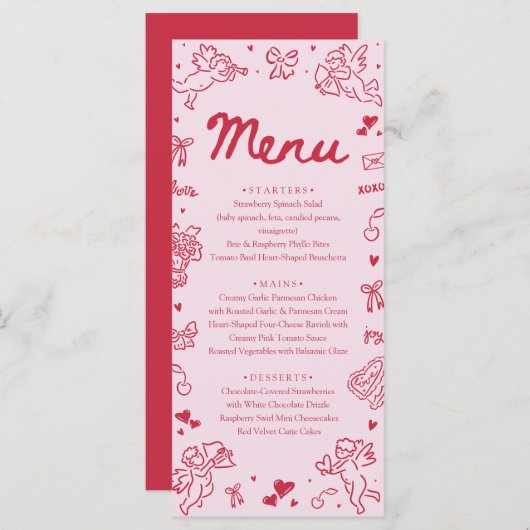 Modern Pink Red Hearts Hand Drawn Valentine Menu (Voorkant / Achterkant)