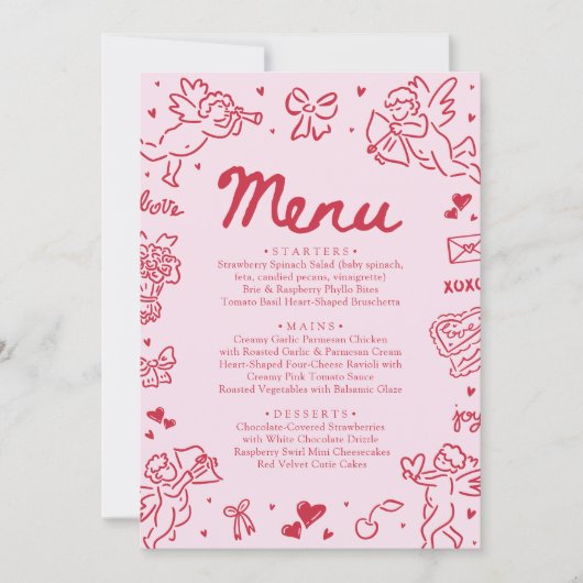 Modern Pink Red Hearts Hand Drawn Valentine Menu (Voorkant)