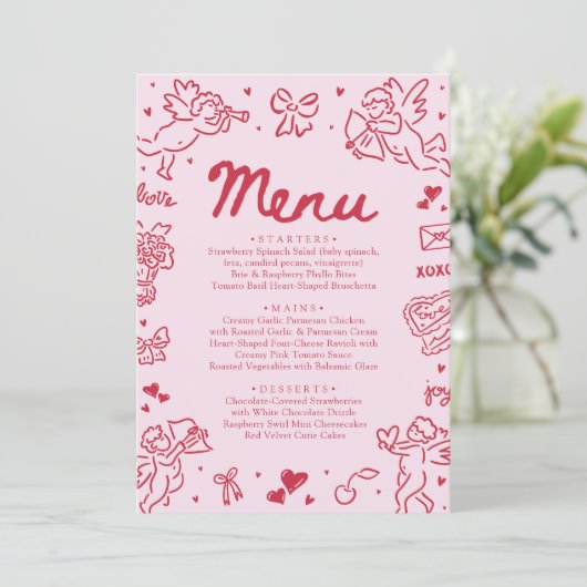 Modern Pink Red Hearts Hand Drawn Valentine Menu (Staand voorkant)