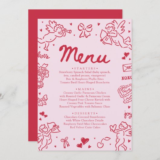 Modern Pink Red Hearts Hand Drawn Valentine Menu (Voorkant / Achterkant)