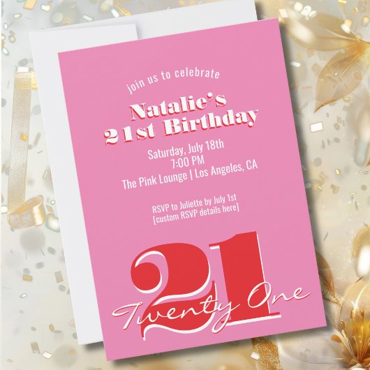 Modern Pink Red Minimalist 21st Birthday Kaart