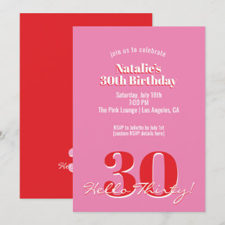 Modern Pink Red Minimalist 30th Birthday Kaart