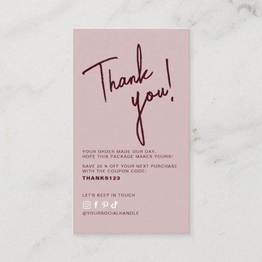 Modern pink red order thank you QR code  Visitekaartje (Voorkant)