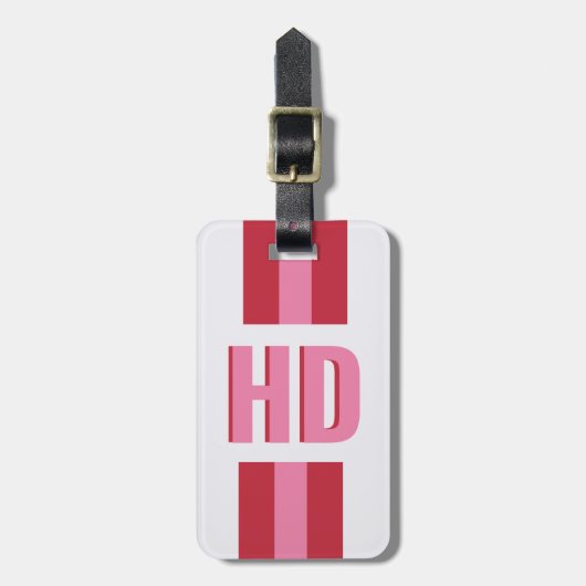 Modern Pink Red striped Shadow Monogram cute Girly Bagagelabel (Voorkant verticaal)
