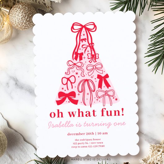 Modern Pink Red Tree Bow 1st Birthday Kaart