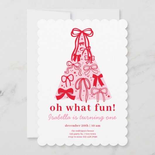 Modern Pink Red Tree Bow 1st Birthday Kaart (Voorkant)