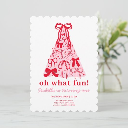 Modern Pink Red Tree Bow 1st Birthday Kaart (Staand voorkant)