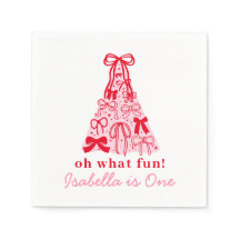 Modern Pink Red Tree Bow 1st Birthday