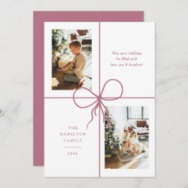 Modern Pink Ribbon Bow Wrap 2 Photo Christmas Feestdagenkaart