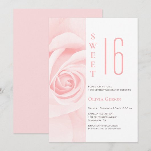 Modern Pink Rose Sweet 16 Verjaardagsfeest Kaart (Voorkant / Achterkant)