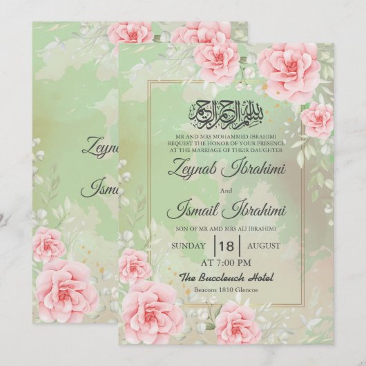Modern Pink Roses, Gold Islamic Muslim Wedding Kaart (Voorkant / Achterkant)