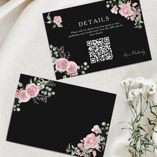 Modern Pink Roses QR-code Details Graduation Informatiekaartje